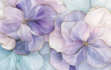 Abstract Floral Background with Gold Accents, Purple, Lavender, and Blue Flower Petals