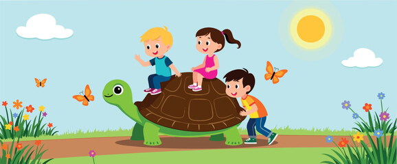 three happy children joyfully riding a green turtle in a vibrant