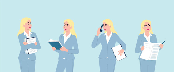 Obraz premium four illustrations of a blonde businesswoman in a light blue pantsuit showcasing different professional tasks.