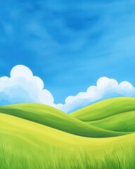 Fototapeta premium Cartoon Illustration of Rolling Green Hills Under a Bright Blue Sky with Clouds