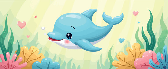 adorable cartoon dolphin swimming in a colorful underwater scene