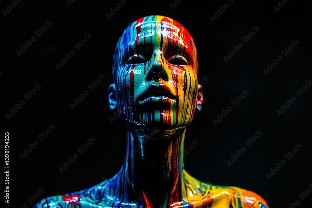 Poster abstract mannequin head covered in multicolored dripping paint with dramatic lighting on a dark back