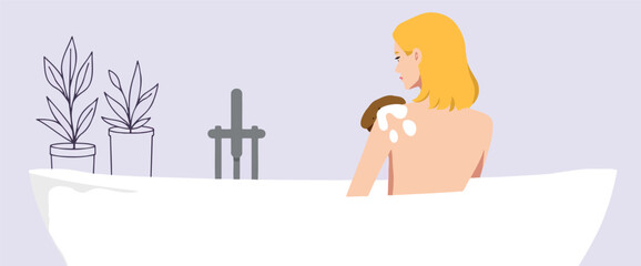 blonde woman relaxing in a pastel-colored bathroom bathtub