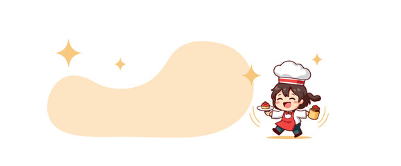 cheerful cartoon baker carrying a plate of pastries and a cupcake