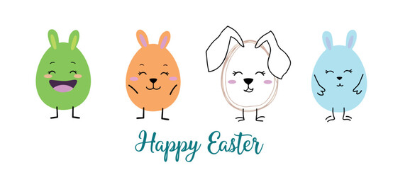 four cute cartoon bunnies in egg shapes celebrating easter