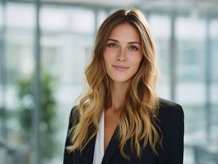 Fototapeta premium Young businesswoman in her thirties, in a black suit, standing in her office, smiling, looking at the camera. Professional and friendly working environment with natural light and short brown hair.