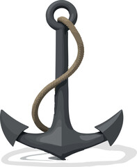 detailed of a gray ship anchor with coiled rope
