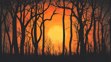 Spooky sunset behind dark forest silhouette.