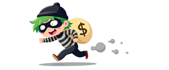 cartoon thief in a striped shirt runs away with a bag of money