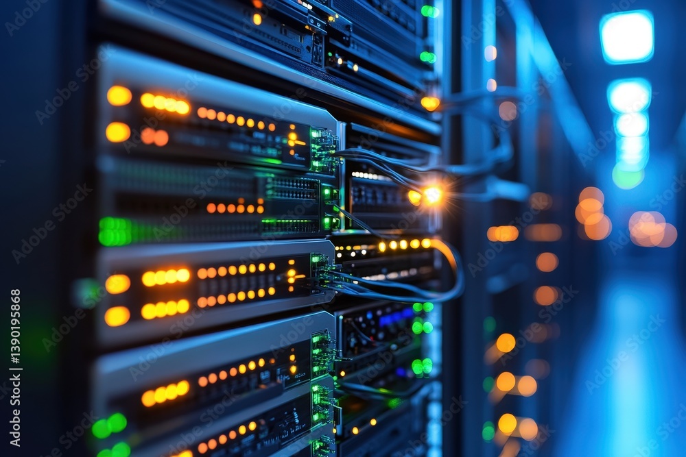 Aufkleber illuminated server racks in a data center with blue and orange lights
