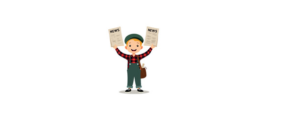 Obraz premium cheerful young boy joyfully presenting newspapers