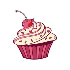 Cherry Topped Pink Frosting Cupcake Vector Illustration