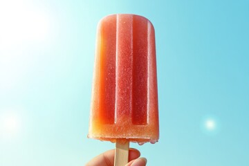 Bright popsicle held against clear blue sky, evoking summer joy