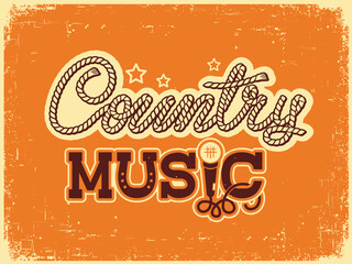 Country music card vector vintage illustration on old paper texture. Vector printable Country Folk Music Lettering with microphone decor.