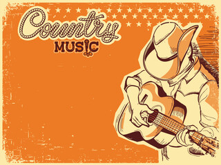Country Music poster with Man cowboy hat playing guitar. Vector country music festival poster on old paper background for text or design.