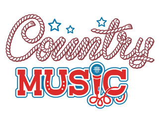 Country music Lettering vector illustration isolated on white. Vector printable Country Folk Music text with microphone decor.