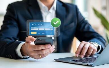 Fototapeta premium Credit Card Icon with Green Checkmark on Smartphone in Office Setting for Digital Payment and Secure Transaction in Financial Apps and E-Commerce with Modern Interface