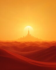 Fototapeta premium Desert Landscape with Futuristic City Silhouette at Sunset
