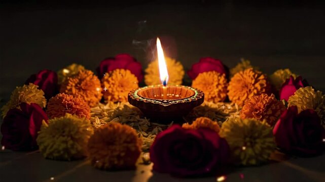 oil candle flame with flowers for a Diwali festival backdrop