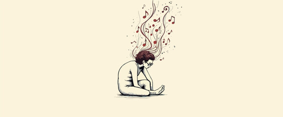 personified contemplation: minimalist drawing of a seated figure with musical notes