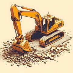 3d Backhoe breaking old pavement
