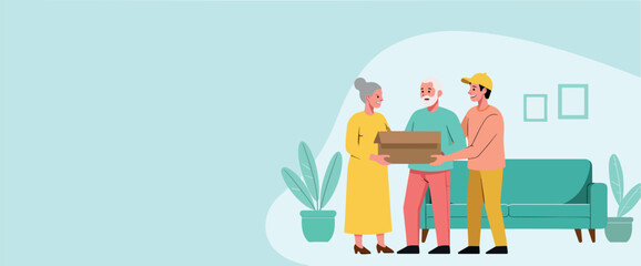 elderly couple happily receiving a package from a delivery person at home.