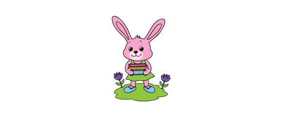 pink bunny in a green dress holding a stack of colorful books standing in a field with purple flowers