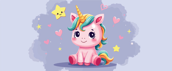 Fototapeta premium adorable pink unicorn sitting amidst hearts and stars