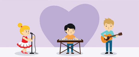 three children joyfully perform music a girl singing a boy playing keyboard and another playing guitar.