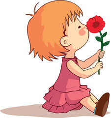 toddler girl in a pink dress delicately holding a vibrant red flower