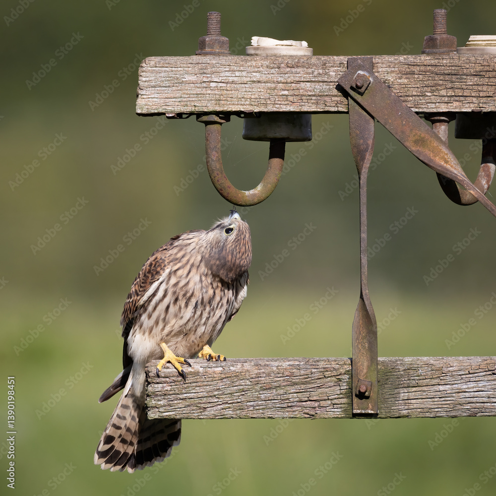 Poster a close up of a kestrel, falco tinnunculus, as it is perched on a telegraph pole with its head turne