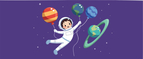 Naklejka premium cheerful young astronaut floats in space joyfully holding onto colorful planet-shaped balloons