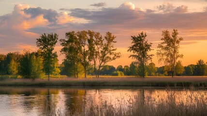 Serene Lake at Sunrise with Trees and Colorful Sky Reflections