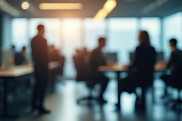 A team brainstorming innovative ideas in a modern office space, bathed in soft, warm light filtering through large windows.