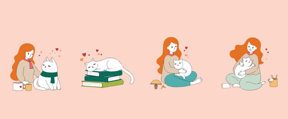 Fototapeta premium red haired woman tenderly interacting with her white cat in various cozy scenes
