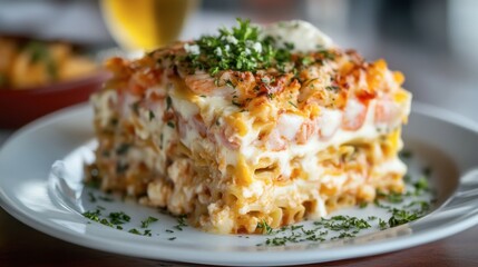 A rich seafood lasagna with visible layers of shrimp and melted cheese.