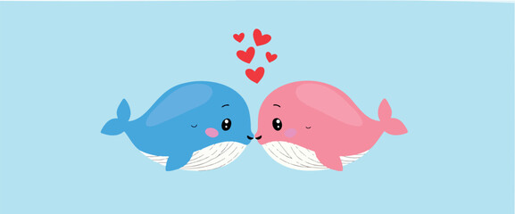 Naklejka premium two cartoon whales sharing a tender moment of affection