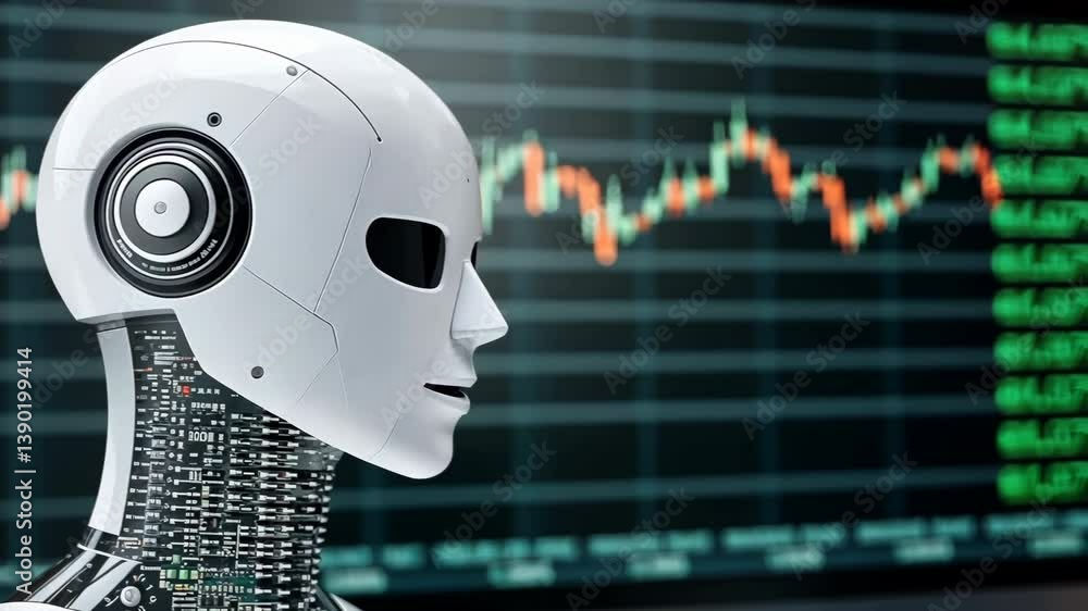 Poster ai in business theme, futuristic robot technology analyzing stock market trends with artificial inte