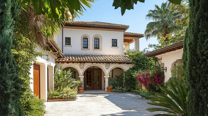 Naklejka premium Mediterranean style home with stucco walls and lush garden