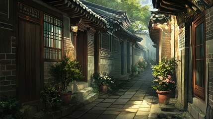 Fototapeta premium A serene alley in Bukchon Village with hanoks and potted plants by the walls.