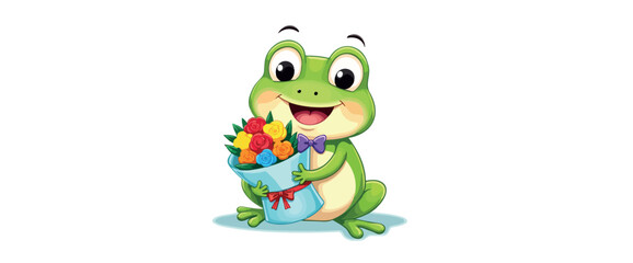 cheerful frog holding a colorful bouquet of roses