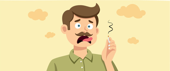 surprised man with a mustache holds a smoking cigarette showing a look of disgust
