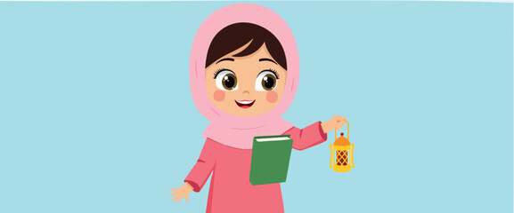 smiling girl in pink hijab holding a book and a golden lantern