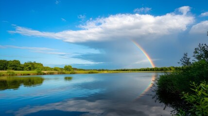 Naklejka premium Rainbow Arcing Over a Calm Lake with Reflecting Sky and Trees