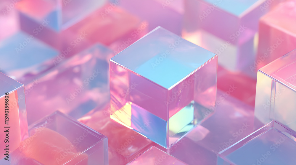 Poster iridescent cubes arranged in a grid pattern with soft pastel colors and reflective surfaces