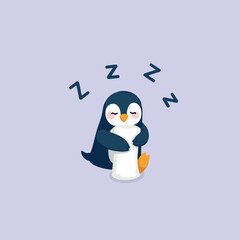 adorable penguin sleeping tightly hugging a fluffy pillow