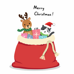 cheerful reindeer and cat with gifts in a santa sack