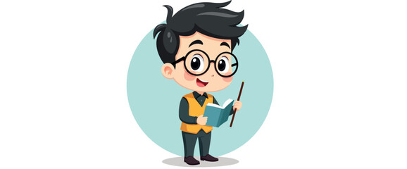 smiling boy holding book and pointer suggesting education and learning