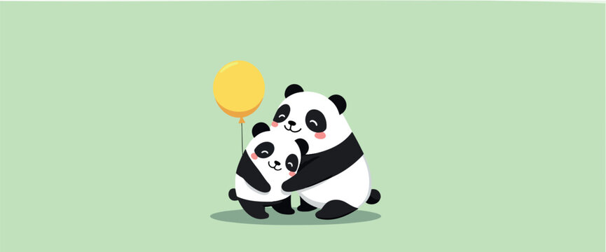 two pandas sharing a loving embrace with a yellow balloon