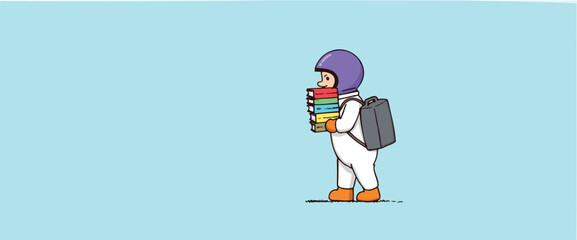 cheerful astronaut student carrying colorful books